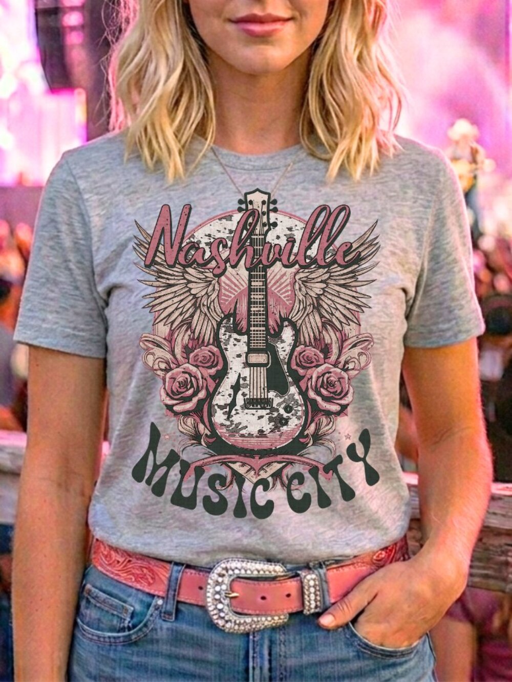 Nashville Music City Tee Coastal Cowgirl Western Gothic Retro Concert Pink Boho